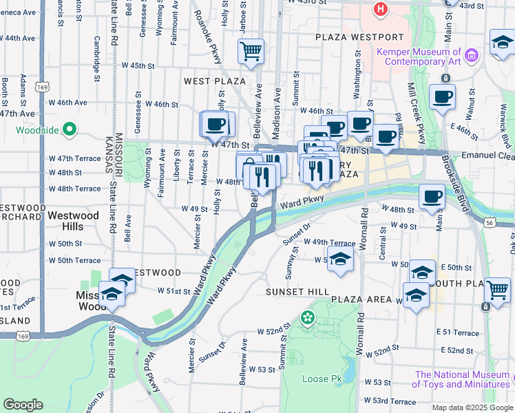 map of restaurants, bars, coffee shops, grocery stores, and more near 1010 Ward Parkway in Kansas City