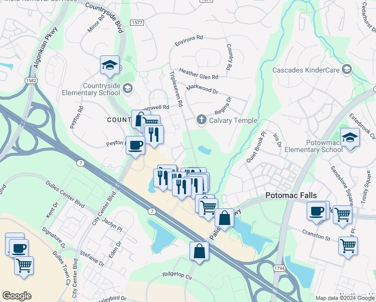map of restaurants, bars, coffee shops, grocery stores, and more near 104 Westwick Court in Sterling