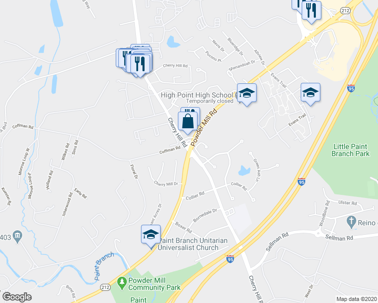 map of restaurants, bars, coffee shops, grocery stores, and more near 11240 Cherry Hill Rd in Beltsville