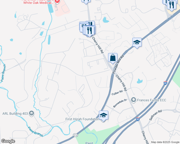 map of restaurants, bars, coffee shops, grocery stores, and more near 11220 Cherry Hill Road in Beltsville