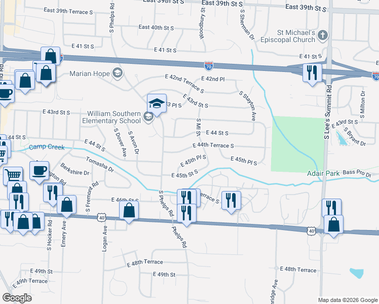 map of restaurants, bars, coffee shops, grocery stores, and more near 15382 East 45th Place South in Independence