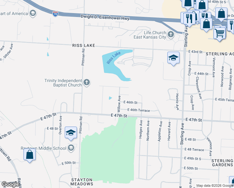 map of restaurants, bars, coffee shops, grocery stores, and more near 10500 East 46th Street in Kansas City