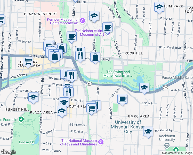 map of restaurants, bars, coffee shops, grocery stores, and more near 4534 Oak Street in Kansas City