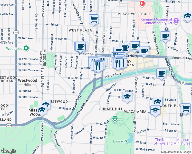 map of restaurants, bars, coffee shops, grocery stores, and more near 1010 Ward Parkway in Kansas City