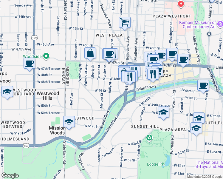 map of restaurants, bars, coffee shops, grocery stores, and more near 4907 Holly Street in Kansas City