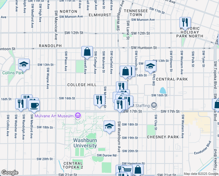 map of restaurants, bars, coffee shops, grocery stores, and more near 1522 Southwest Mulvane Street in Topeka