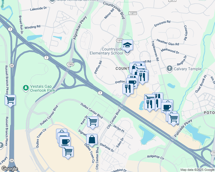 map of restaurants, bars, coffee shops, grocery stores, and more near 117 Peyton Road in Sterling