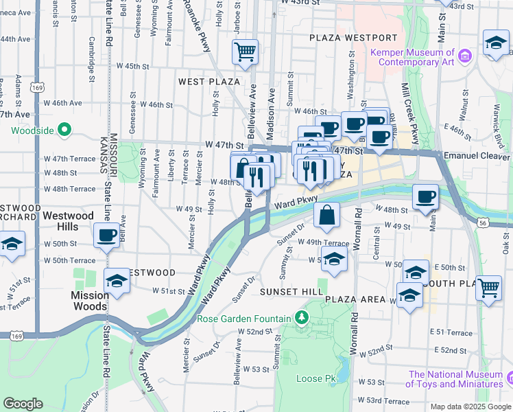 map of restaurants, bars, coffee shops, grocery stores, and more near 910 Ward Parkway in Kansas City
