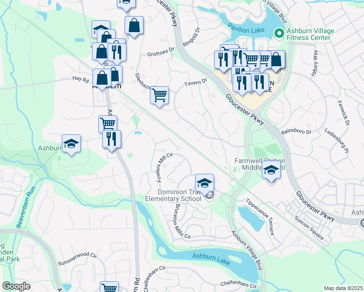 map of restaurants, bars, coffee shops, grocery stores, and more near 20905 Fowlers Mill Circle in Ashburn