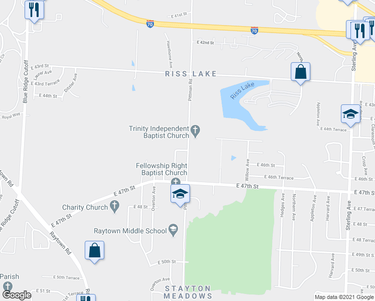 map of restaurants, bars, coffee shops, grocery stores, and more near 10551 E 45th Terrace in Kansas City