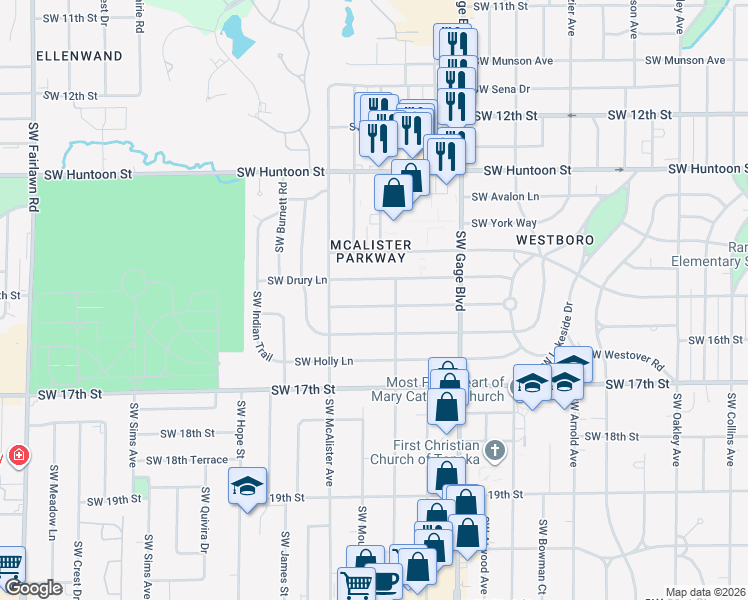 map of restaurants, bars, coffee shops, grocery stores, and more near 4208 Southwest Windsor Court in Topeka