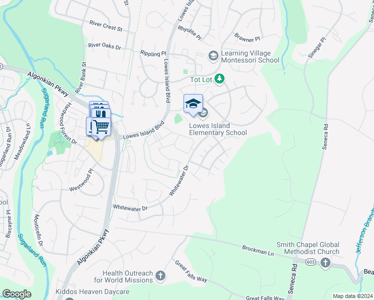 map of restaurants, bars, coffee shops, grocery stores, and more near 47667 Sandbank Square in Sterling