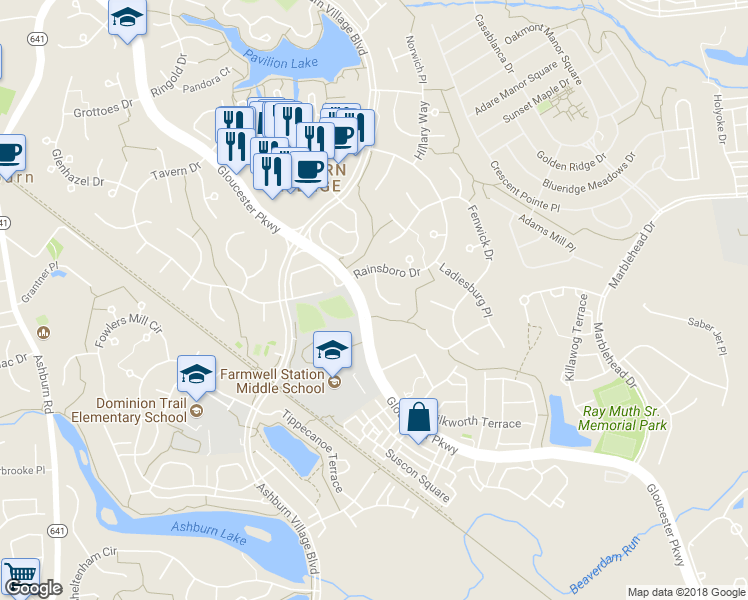 map of restaurants, bars, coffee shops, grocery stores, and more near 20819 Shy Beaver Court in Ashburn