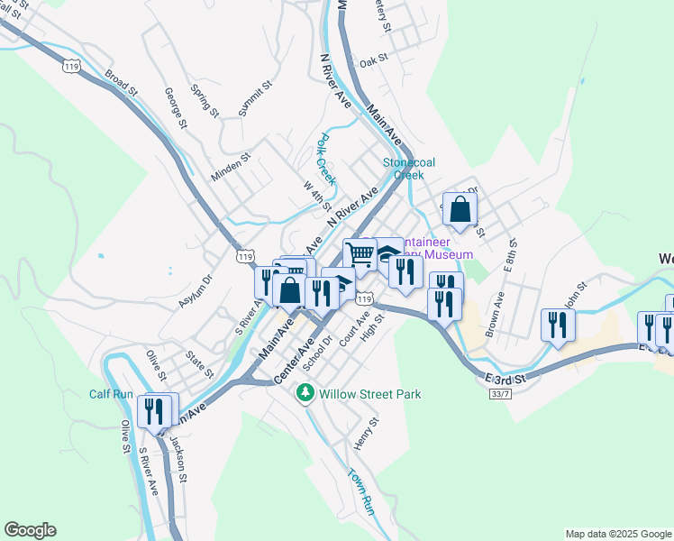 map of restaurants, bars, coffee shops, grocery stores, and more near 245 Main Avenue in Weston