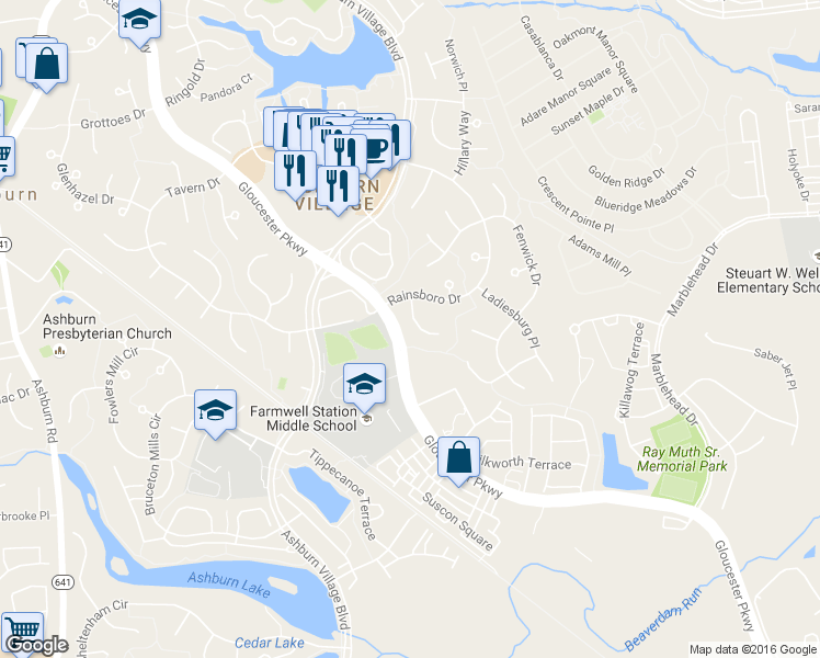 map of restaurants, bars, coffee shops, grocery stores, and more near 20819 Shy Beaver Court in Ashburn