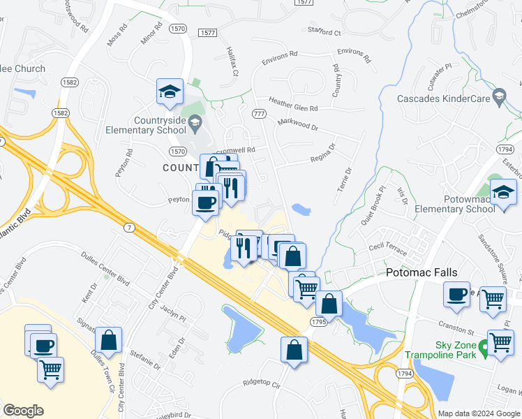 map of restaurants, bars, coffee shops, grocery stores, and more near 125 Westwick Court in Potomac Falls
