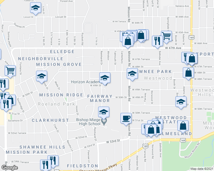map of restaurants, bars, coffee shops, grocery stores, and more near 4901 Reinhardt Drive in Roeland Park