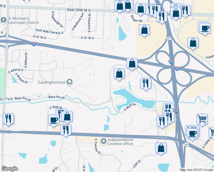 map of restaurants, bars, coffee shops, grocery stores, and more near 4300 Bass Pro Drive in Independence