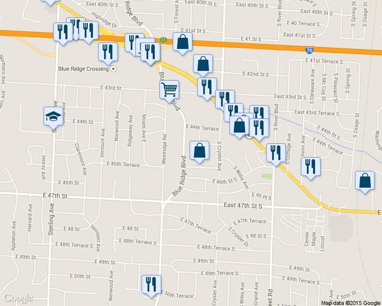 map of restaurants, bars, coffee shops, grocery stores, and more near 4523 Blue Ridge Boulevard in Kansas City