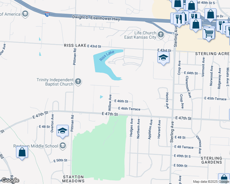 map of restaurants, bars, coffee shops, grocery stores, and more near 10500 East 46th Street in Kansas City