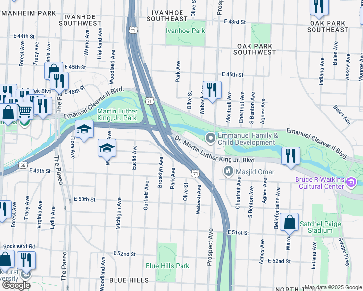 map of restaurants, bars, coffee shops, grocery stores, and more near 2323 Swope Parkway in Kansas City