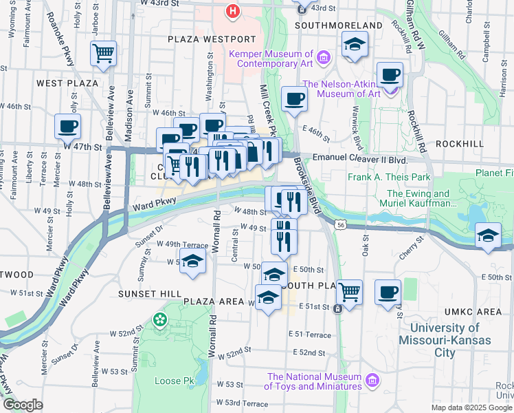 map of restaurants, bars, coffee shops, grocery stores, and more near 221 West 48th Street in Kansas City