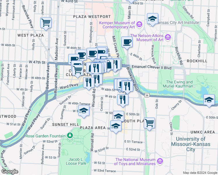 map of restaurants, bars, coffee shops, grocery stores, and more near 221 West 48th Street in Kansas City