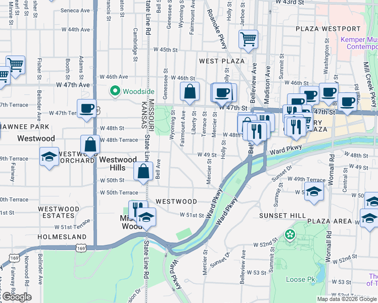 map of restaurants, bars, coffee shops, grocery stores, and more near 4919 Westwood Road in Kansas City