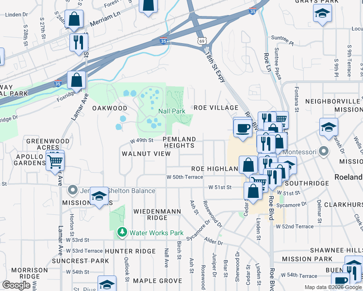 map of restaurants, bars, coffee shops, grocery stores, and more near 5215 West 49th Terrace in Roeland Park