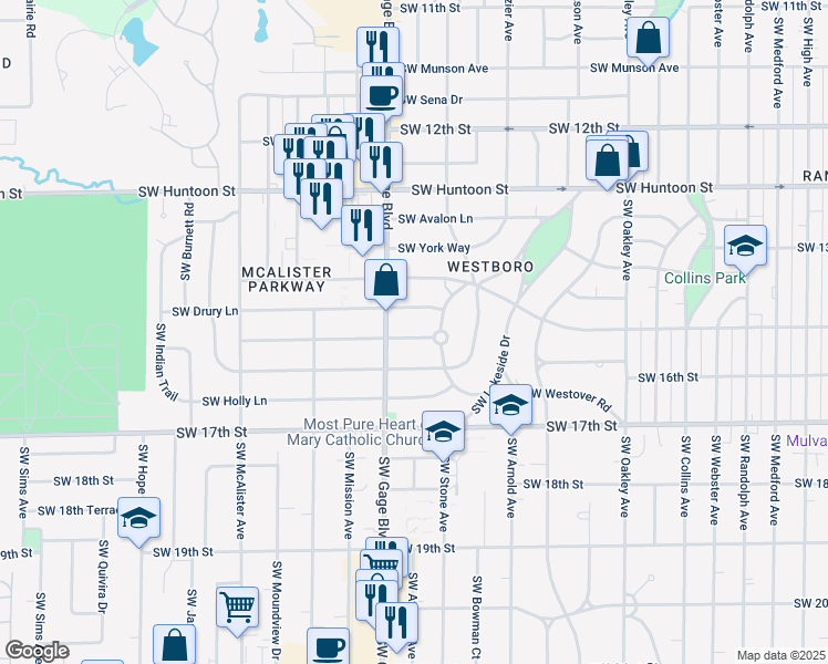 map of restaurants, bars, coffee shops, grocery stores, and more near 3630 Southwest Stratford Road in Topeka