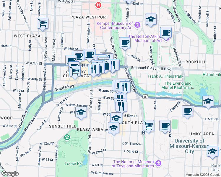 map of restaurants, bars, coffee shops, grocery stores, and more near 121 Ward Parkway in Kansas City