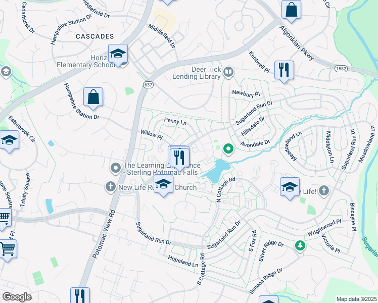 map of restaurants, bars, coffee shops, grocery stores, and more near 105 Woodgate Court in Sterling