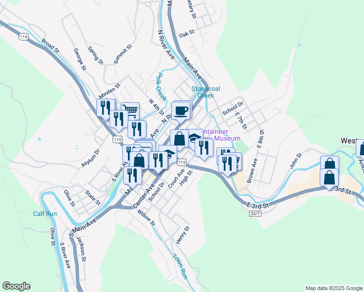 map of restaurants, bars, coffee shops, grocery stores, and more near 345 Center Avenue in Weston
