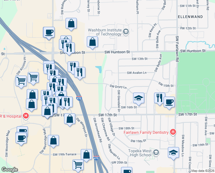 map of restaurants, bars, coffee shops, grocery stores, and more near 1547 SW Cheyenne Hills Rd in Topeka