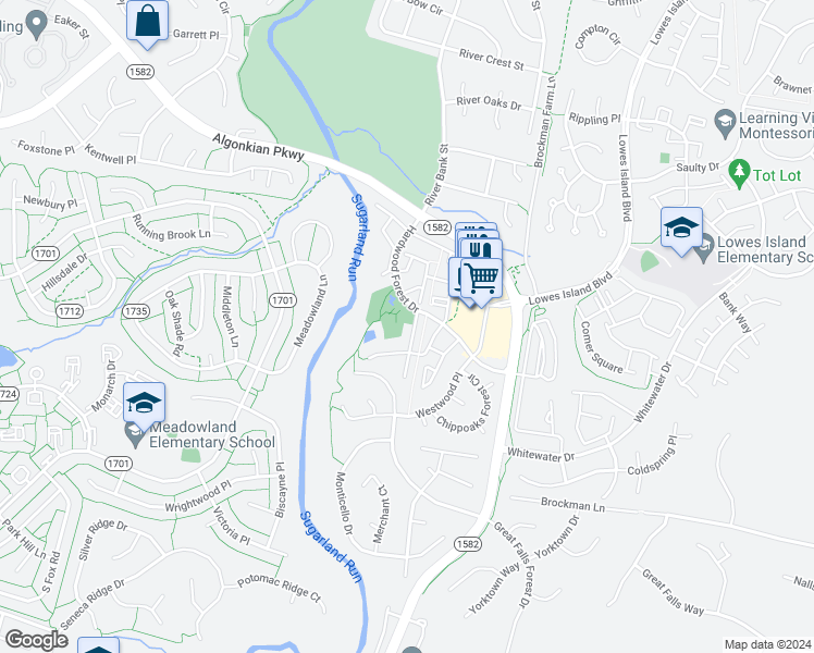 map of restaurants, bars, coffee shops, grocery stores, and more near 20803 Miranda Falls Square in Sterling