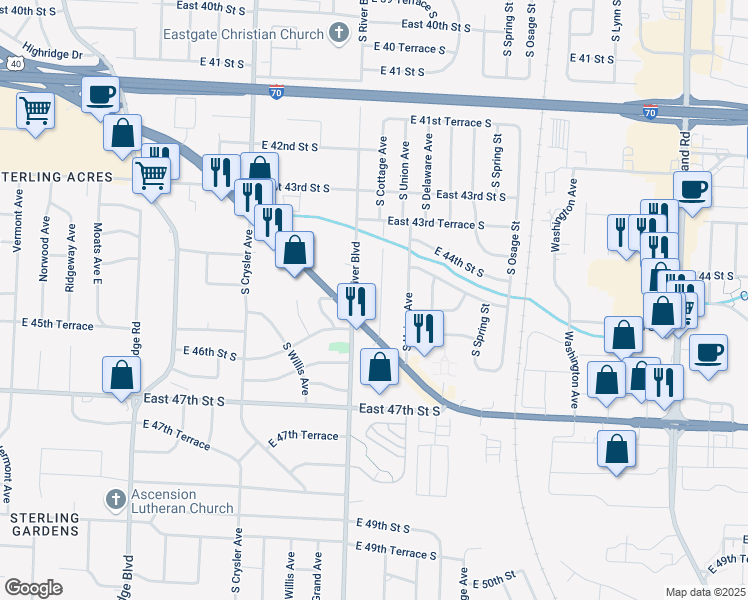 map of restaurants, bars, coffee shops, grocery stores, and more near 4436 South Cottage Avenue in Independence