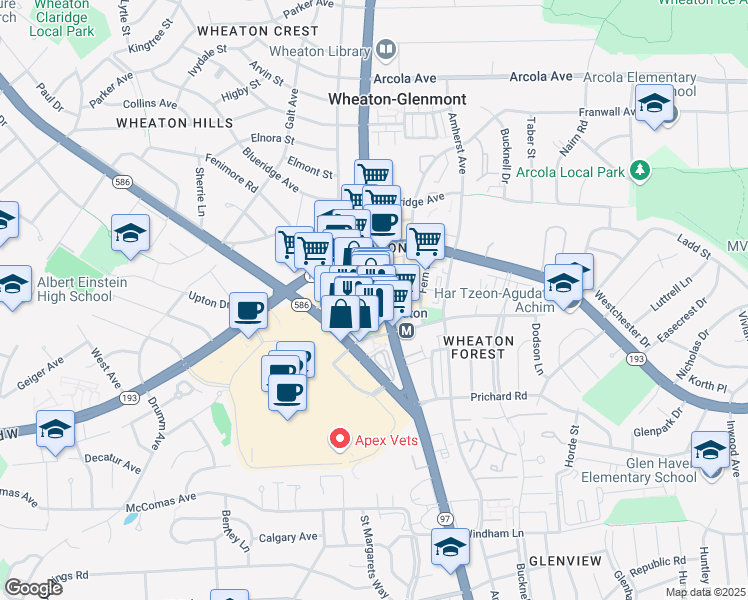 map of restaurants, bars, coffee shops, grocery stores, and more near 11164 Veirs Mill Road in Silver Spring