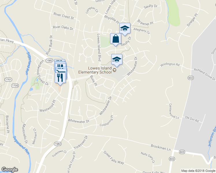 map of restaurants, bars, coffee shops, grocery stores, and more near 47693 Sandbank Square in Sterling