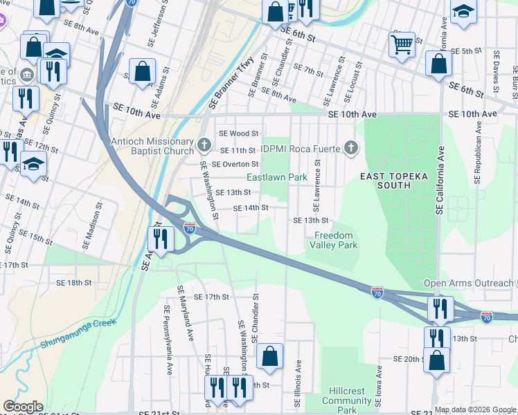 map of restaurants, bars, coffee shops, grocery stores, and more near 1401 Southeast Chandler Street in Topeka