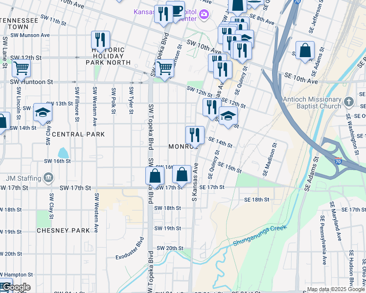 map of restaurants, bars, coffee shops, grocery stores, and more near in Topeka