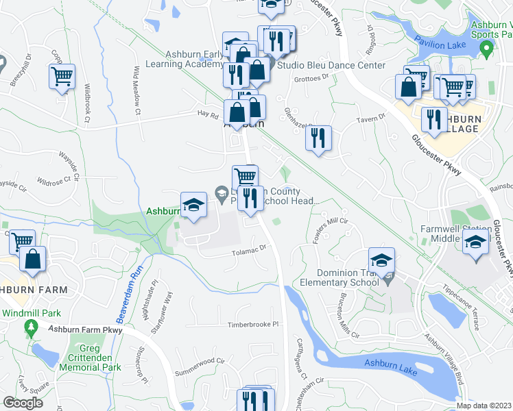 map of restaurants, bars, coffee shops, grocery stores, and more near 20794 Ashburn Road in Ashburn