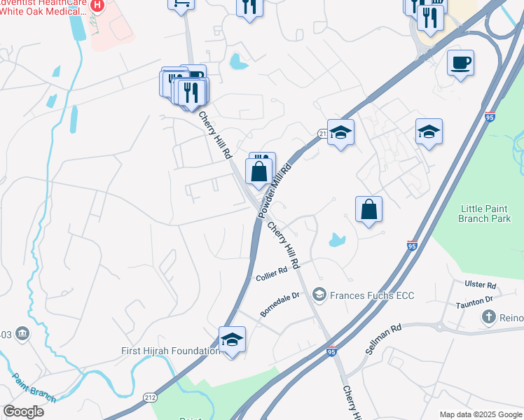 map of restaurants, bars, coffee shops, grocery stores, and more near Powder Mill Rd & Cherry Hill Rd in Beltsville