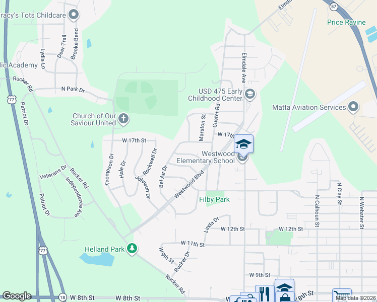 map of restaurants, bars, coffee shops, grocery stores, and more near 1410 West 16th Street in Junction City