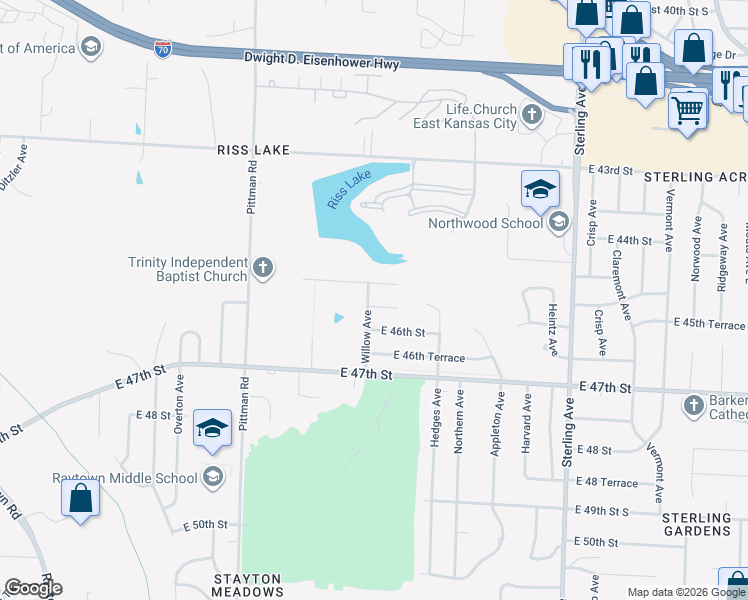 map of restaurants, bars, coffee shops, grocery stores, and more near 10502 East 45th Terrace in Kansas City