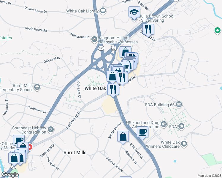 map of restaurants, bars, coffee shops, grocery stores, and more near New Hampshire Ave & Lockwood Dr in Montgomery