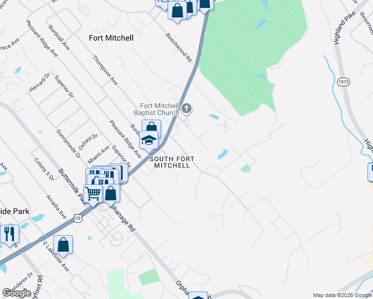 map of restaurants, bars, coffee shops, grocery stores, and more near 25 Silver Avenue in Fort Mitchell