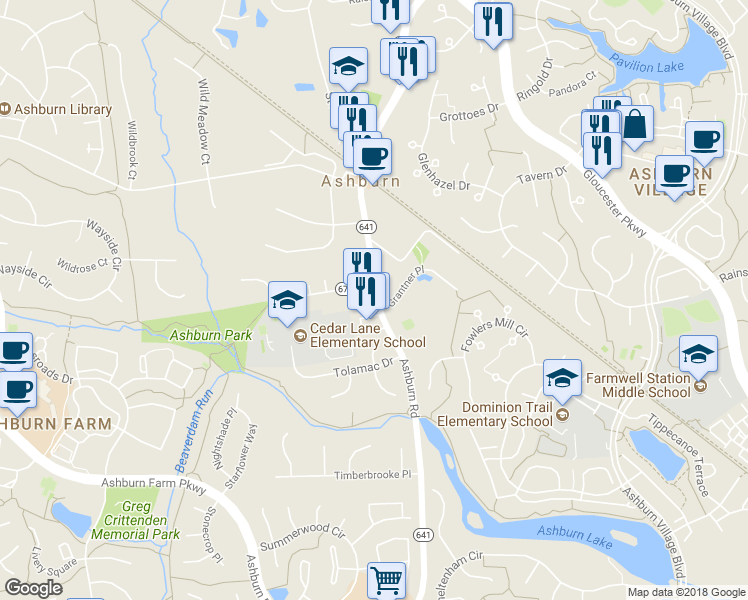 map of restaurants, bars, coffee shops, grocery stores, and more near 20851 Ashburn Road in Ashburn