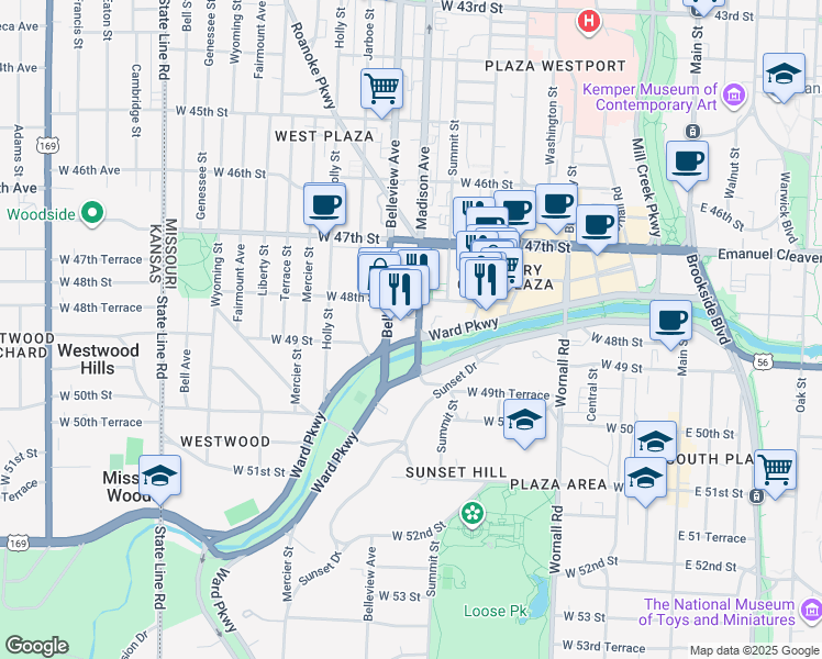 map of restaurants, bars, coffee shops, grocery stores, and more near 4828 Roanoke Parkway in Kansas City