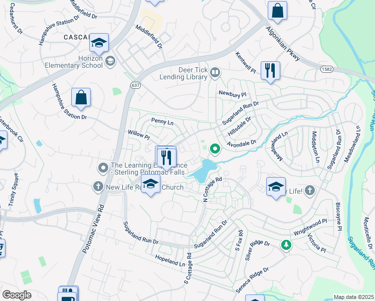map of restaurants, bars, coffee shops, grocery stores, and more near 118 Woodgate Court in Sterling