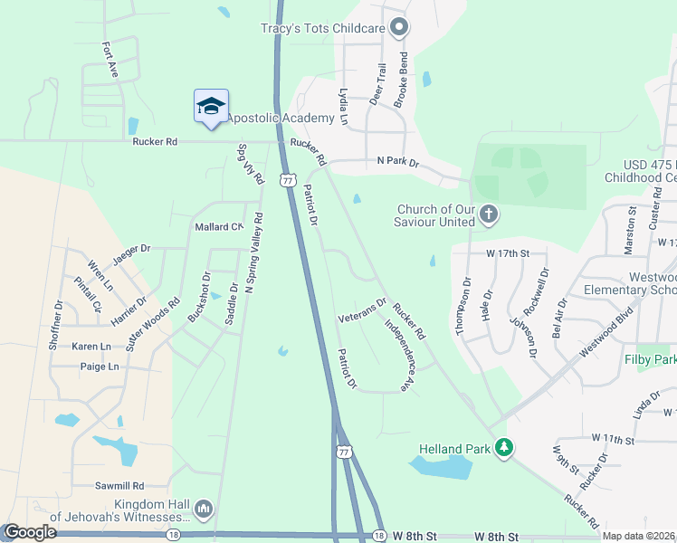 map of restaurants, bars, coffee shops, grocery stores, and more near 1639 Patriot Drive in Junction City